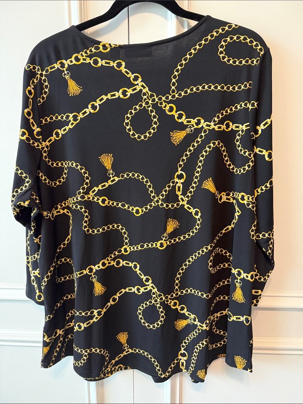 Susan Graver Black Long-Sleeve V-Neck Top with Gold Chain Print - Picture 4 of 6
